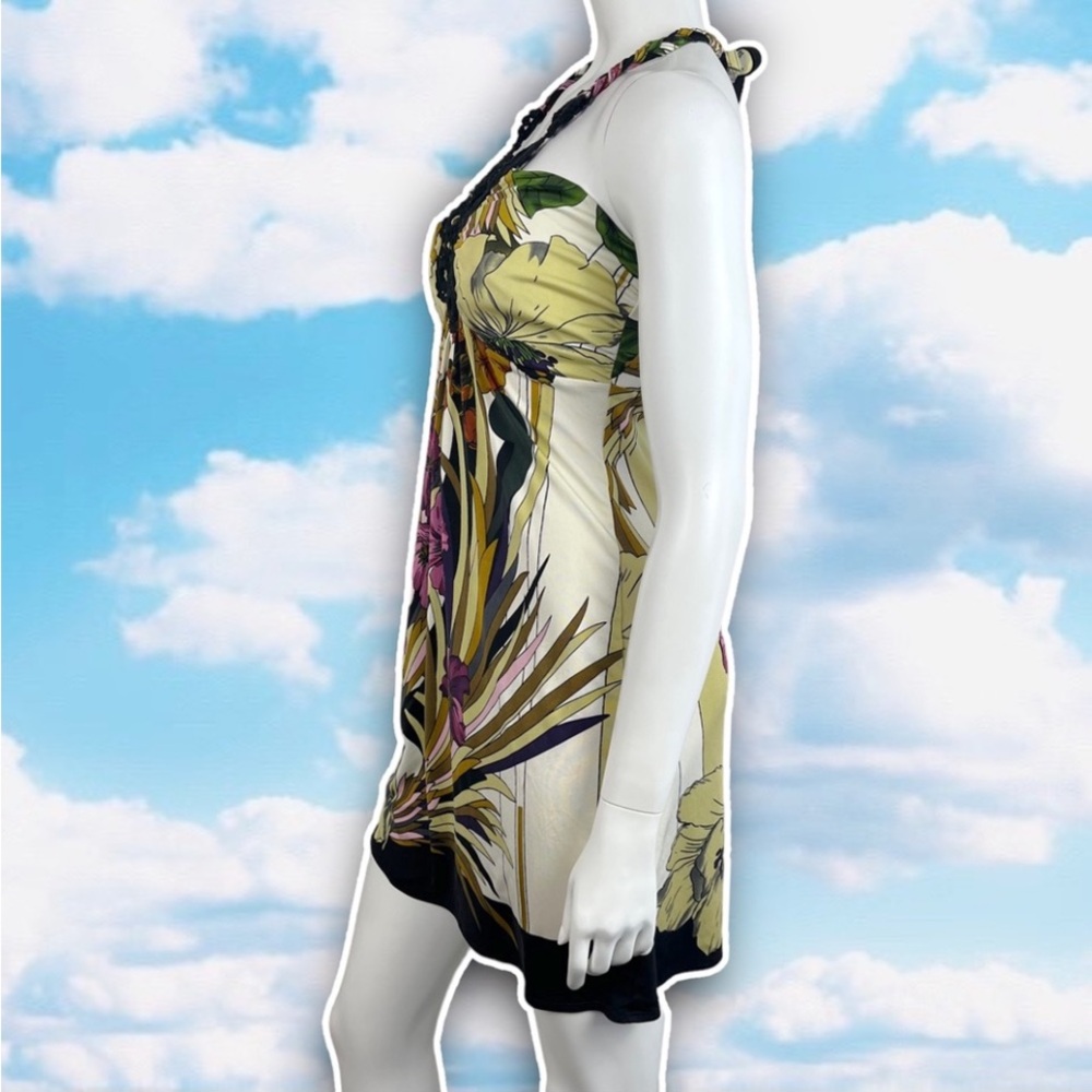HALE BOB Y2K Tropical Crochet Trim Silk Halter Mini Dress Beach Coastal Boho - Picture 5 of 11